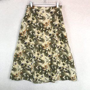 Travis Ayers Petites Silk Skirt Womens 12P Green Cream Floral Lined Preppy